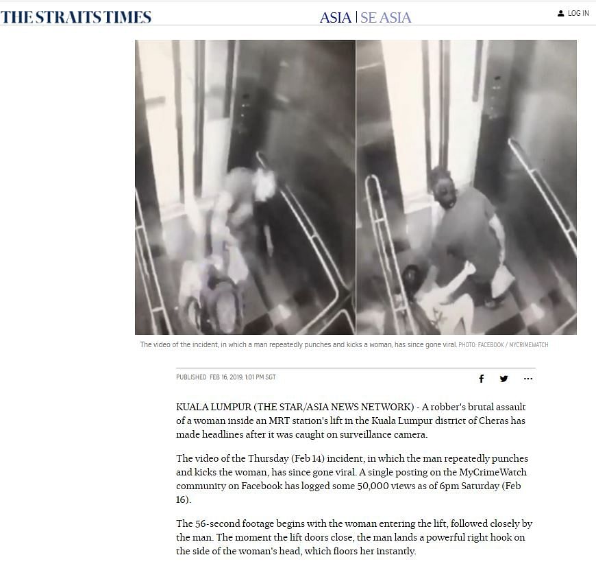 The video is from Kuala Lumpur where a woman was assaulted inside a lift by a robber.