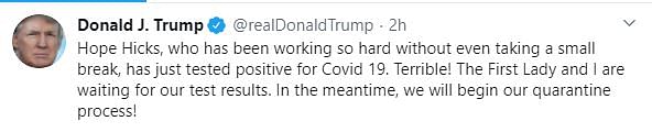 Trump, Melania tested positive after Whiote House adviser Hope Hicks, tested positive for COVID-19.