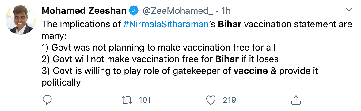 FM Promises Free COVID-19 Vaccine in Bihar, Twitter Reacts