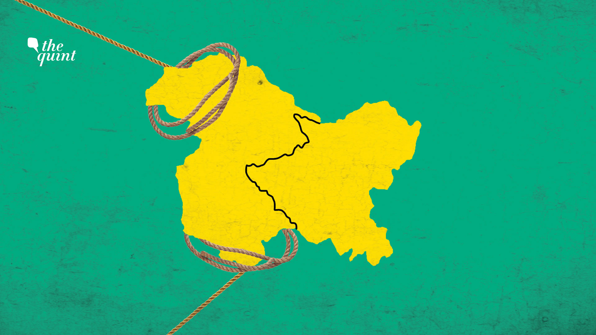 Image of J&amp;K and Ladakh maps, with a rope ‘pulling’ at J&amp;K – to depict, what the locals feel is ‘land-grabbing’.&nbsp;