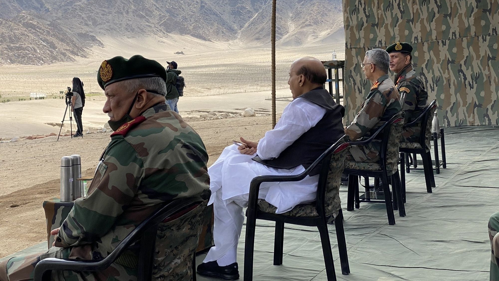 Defence Minister Rajnath Singh accompanied by Chief of Defence Staff General Bipin Rawat and Army Chief General Manoj Mukund Naravane.