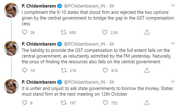 Chidambaram in a series of tweets said that the government was liable to provide the GST compensation.