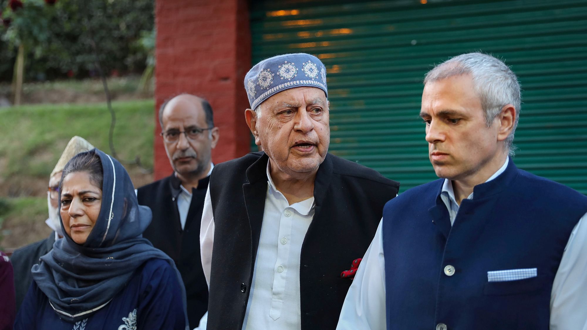Jammu and Kashmir National Conference President Farooq Abdullah addresses a press conference along with his son Omar Abdullah, Peoples Democratic Party (PDP) President Mehbooba Mufti and others after meeting of signatories to the Gupkar declaration, at his residence in Srinagar, Thursday, 15 October, 2020. 