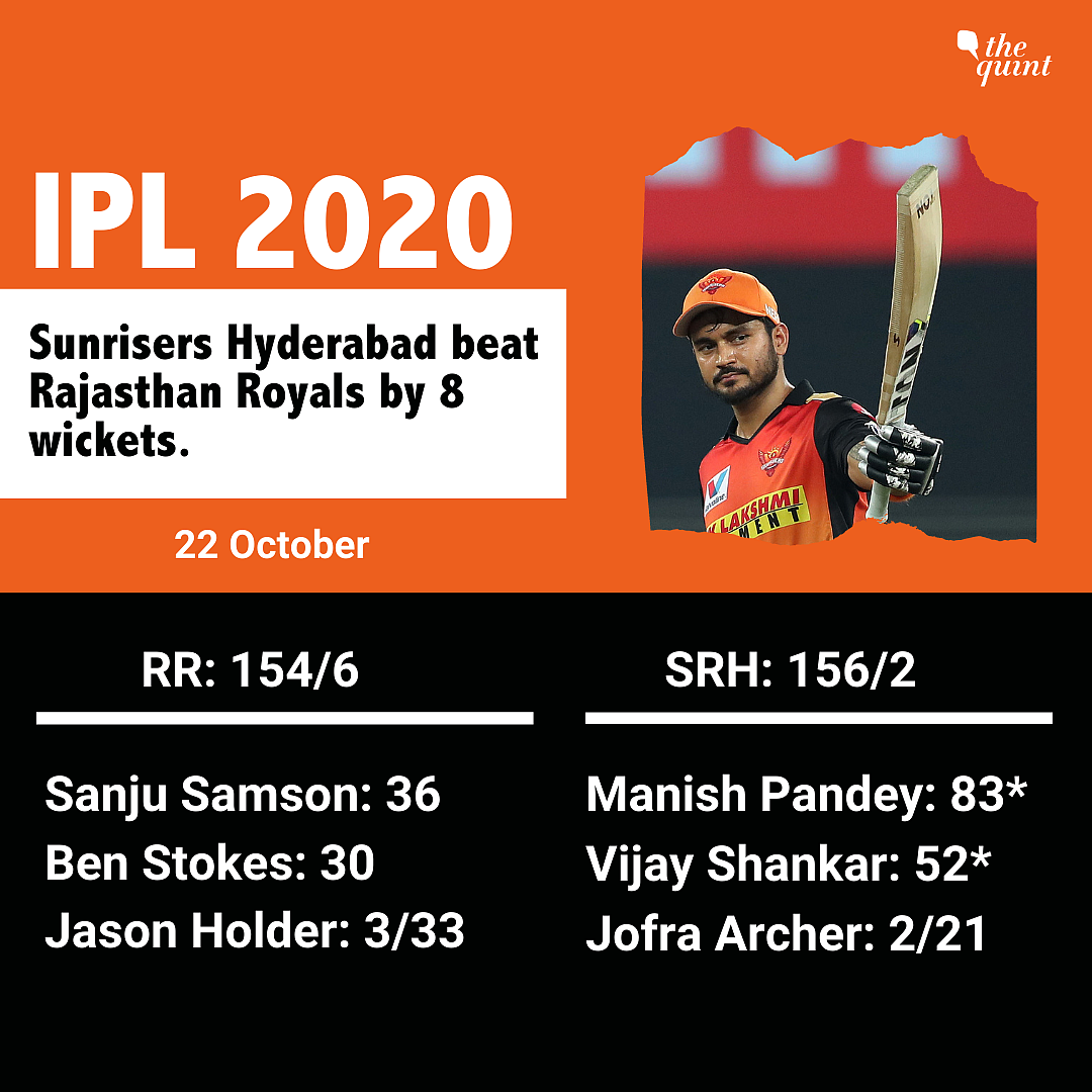 Pandey-Shankar’s Unbeaten 140-Run Stand Takes SRH to Easy Win v RR