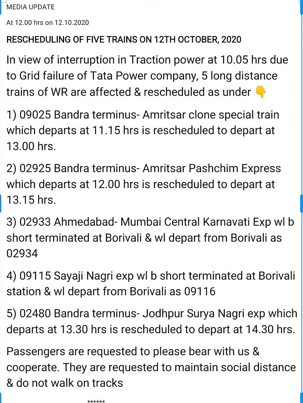Outstation trains rescheduled by Western Railway