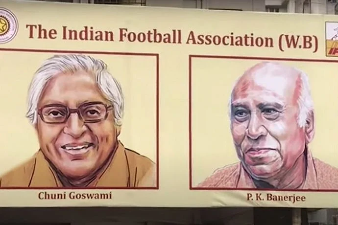 A hoarding that commemorates two of the greatest footballers that the country has ever produced - Chuni Goswami and PK Banerjee.