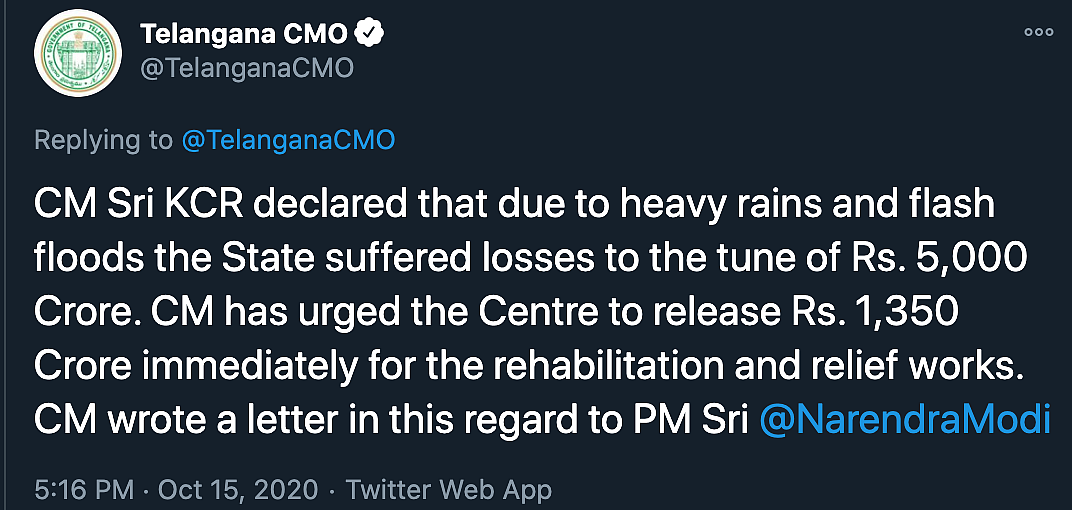 Telangana Rains: 50 Dead, Losses Worth Rs 5k Cr; KCR Writes to PM
