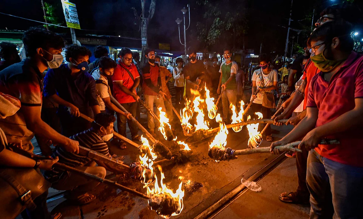 Students during a protest rally over the death of a 19-year-old Dalit woman who was allegedly gang-raped two weeks ago in Hathras (UP), in Kolkata
