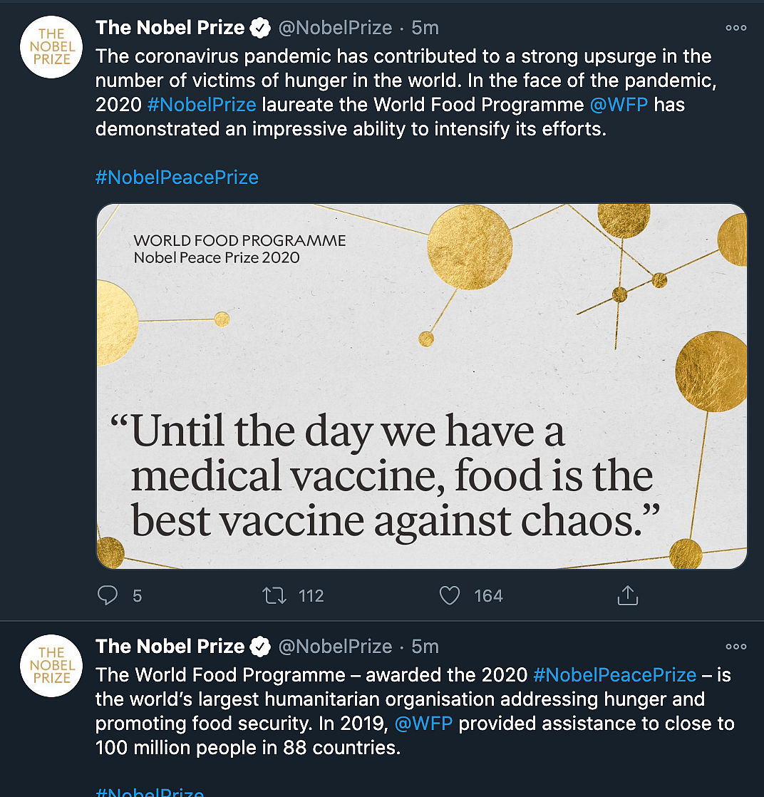 ‘Humbled’: World Food Programme After 2020 Nobel Peace Prize Win