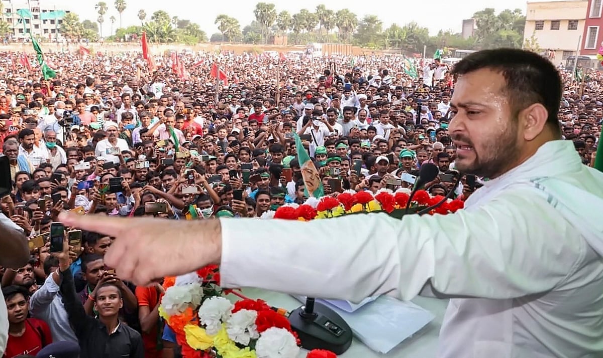 RJD leader Tejashwi Yadav addresses an election rally ahead of Bihar Assembly elections, at Hilsa in Nalanda District, Friday, 23 October 2020.