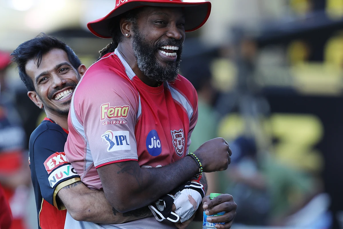 Yuzvendra Chahal of Royal Challengers Bangalore and Chris Gayle of Kings XI Punjab during match 31 of season 13 of the Indian Premier League (IPL ) between the Royal Challengers Bangalore and the Kings XI Punjab.