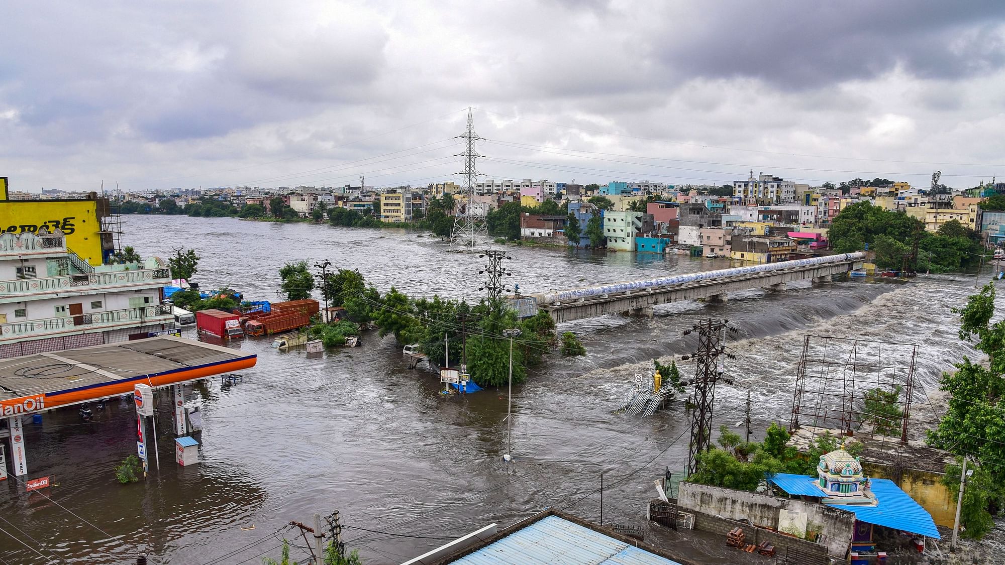 Durgam Cheruvu Cable Bridge submerged with floodwater following heavy rain, in Hyderabad.