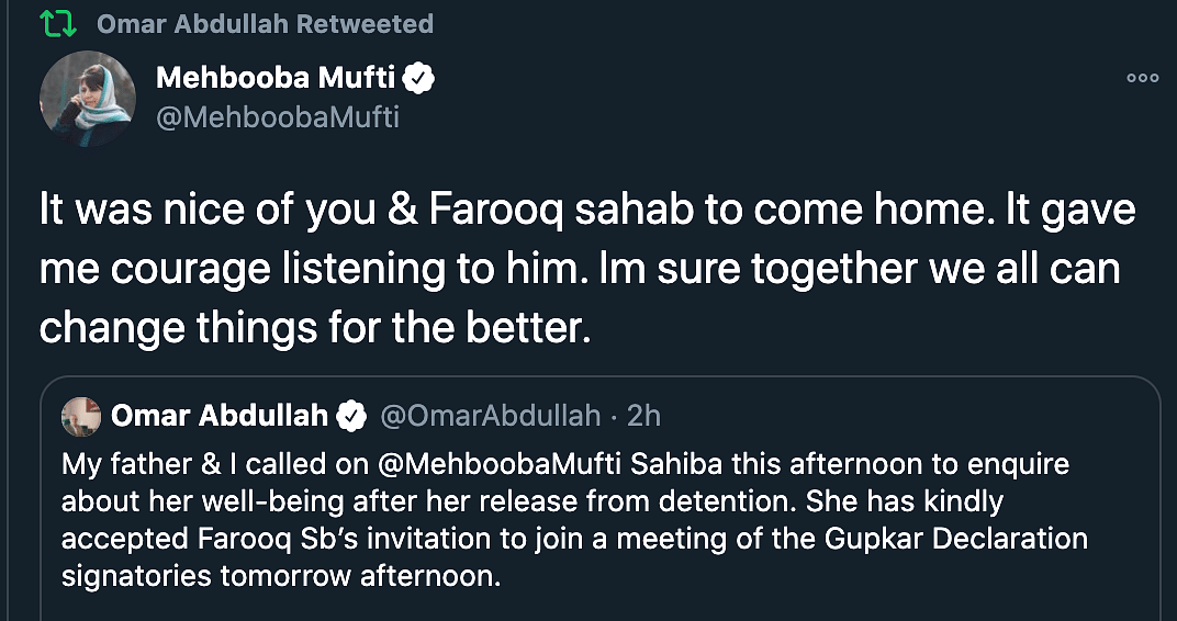“Im sure together we all can change things for the better [sic],” Mehbooba Mufti tweeted after the visit.