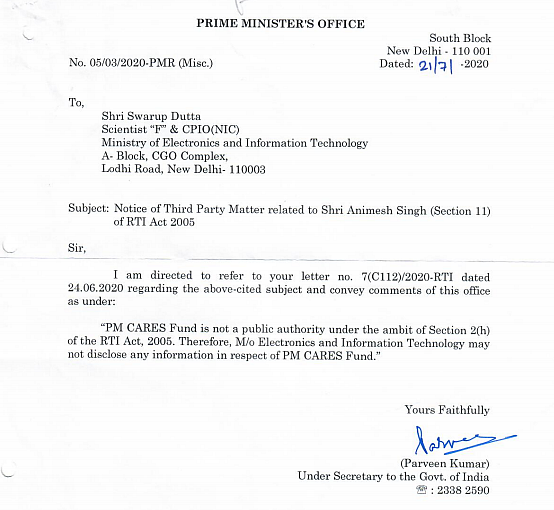 Screenshot of PMO’s reply to NIC received through RTI