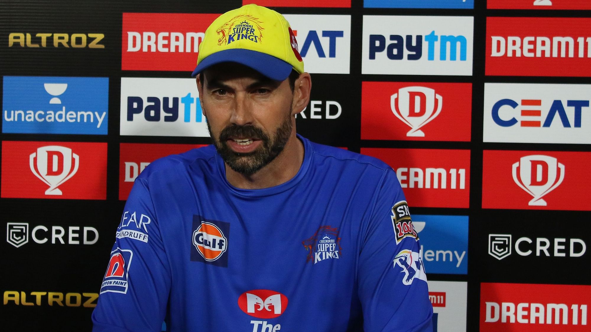 Chennai Super Kings head coach Stephen Fleming speaking at the post-match press conference