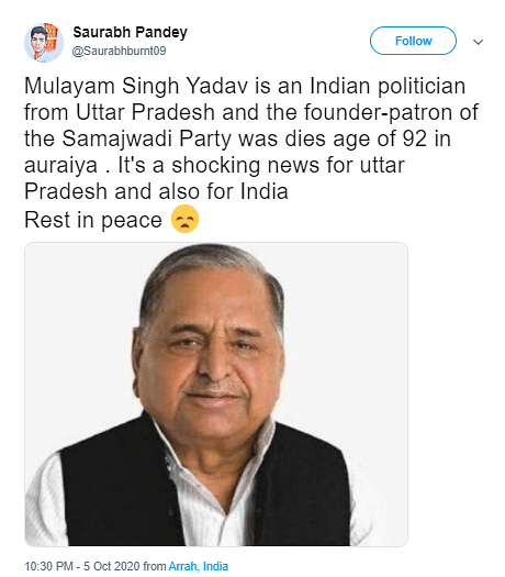 A spokesperson from the party confirmed  that the leader, Akhilesh Yadav’s father, was alive and well.