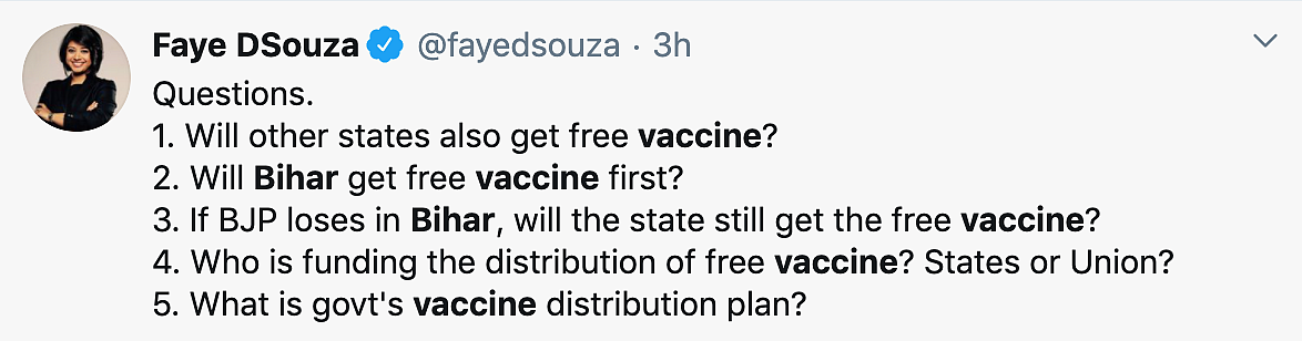 FM Promises Free COVID-19 Vaccine in Bihar, Twitter Reacts
