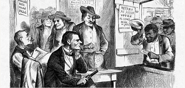 During segregation, violence, represented here by the gun, underpinned all other methods to keep Black people from voting. Harper’s Weekly, October 31 1874.