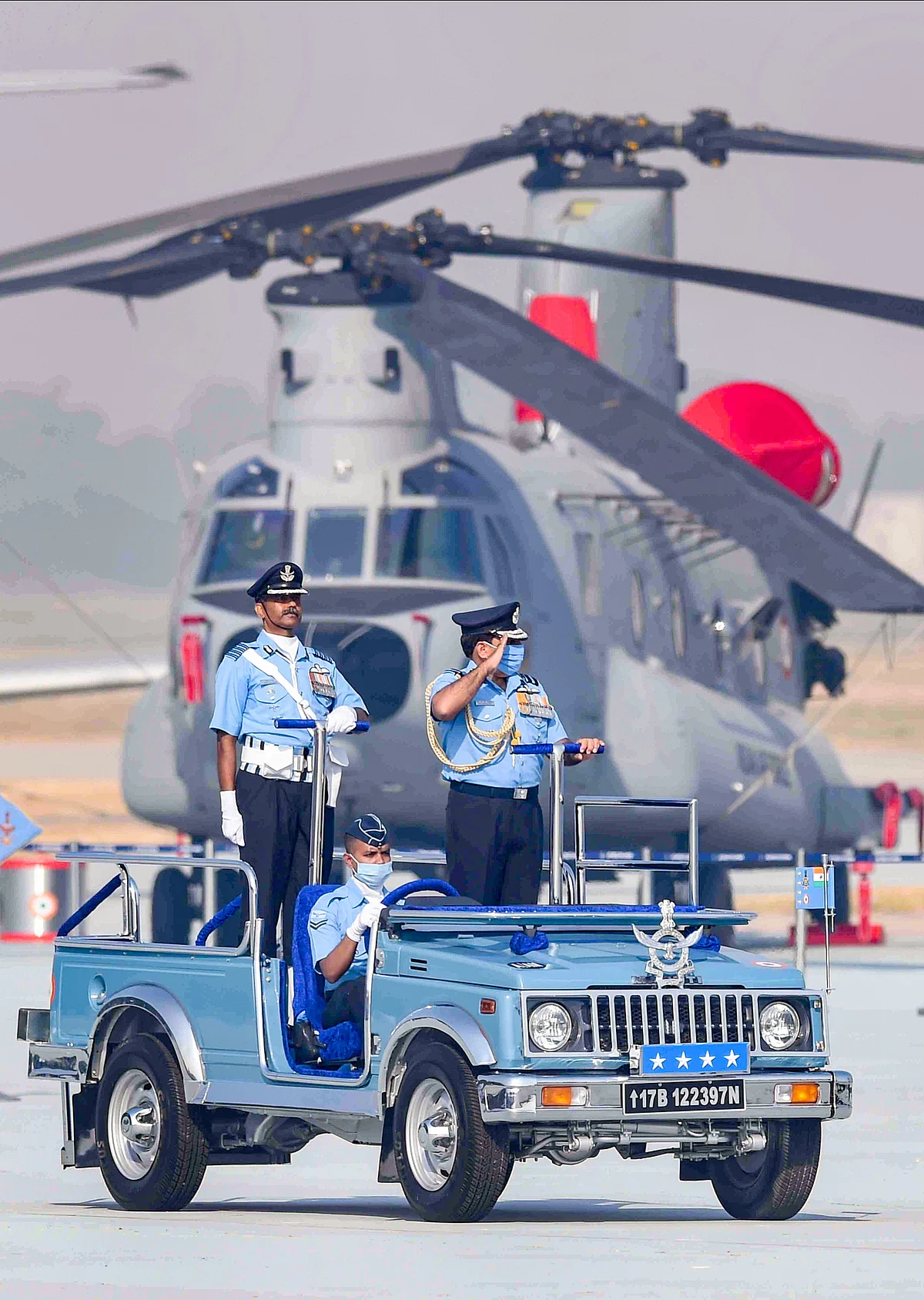 IAF Chief Air Chief Marshal RKS Bhadauria inspects a guard of honour during the 88th Air Force Day celebrations at Hindon airbase in Ghaziabad.