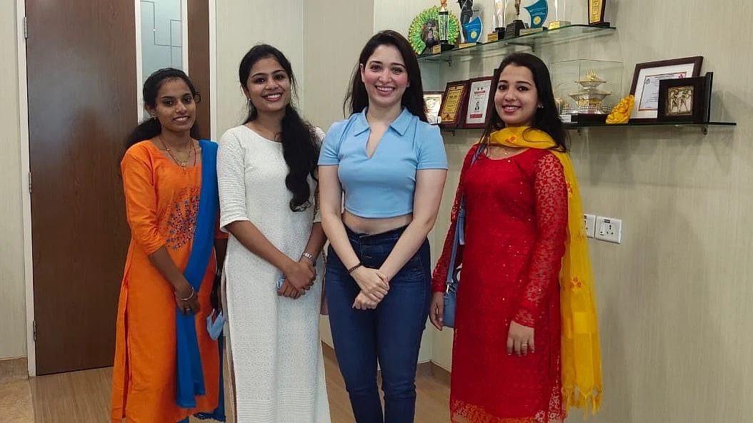 Tamannaah Bhatia with doctors and nurses at a Hyderabad hospital.