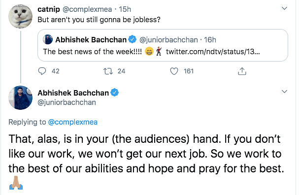 After Abhishek Bachchan reacted to theatres opening, a user called him 'jobless'. 