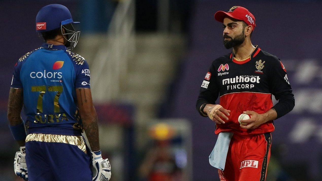 Suryakumar Yadav gave a stare to RCB skipper Virat Kohli after latter chirped few words at him at the end of 13th over of MI innings.