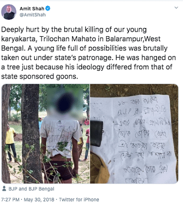 An 18-year-old, allegedly a BJP member, was found dead in West Bengal’s Purulia district in May 2018.