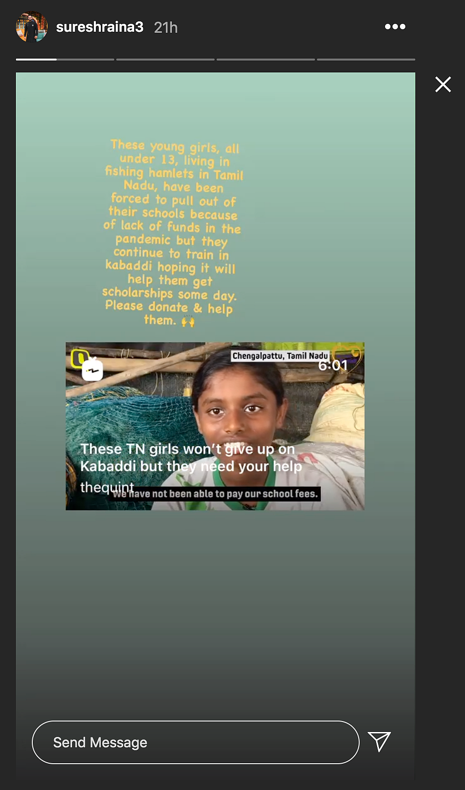 Suresh Raina has shared the kabaddi girls’ story on Instagram.