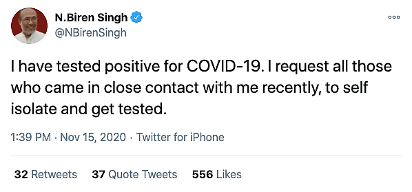 Chief Minister of Manipur N Biren Singh Tests Positive for COVID