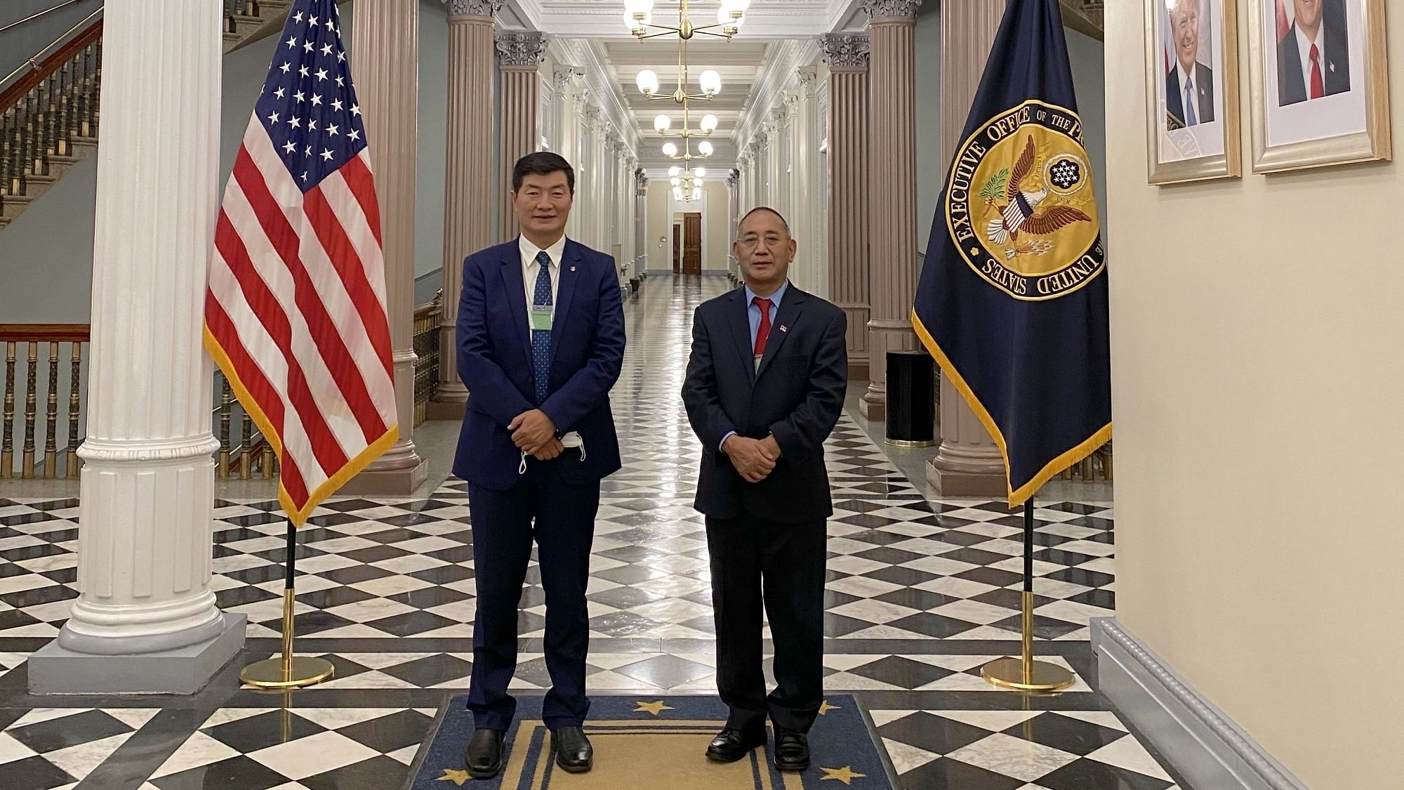 Central Tibetan Administration (CTA) President Lobsang Sangay (left) and his office representative Ngodup Tsering outside the White House compound after the crucial meeting in Dharamsala, Himachal Pradesh on November 21, 2020.