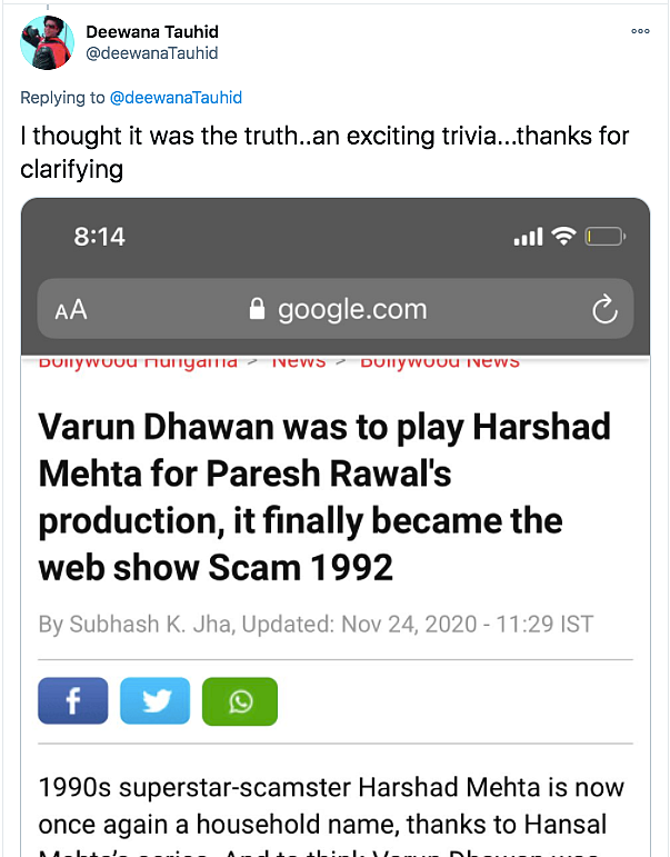 Varun Denies Being the First Choice For Harshad Mehta in Scam 1992