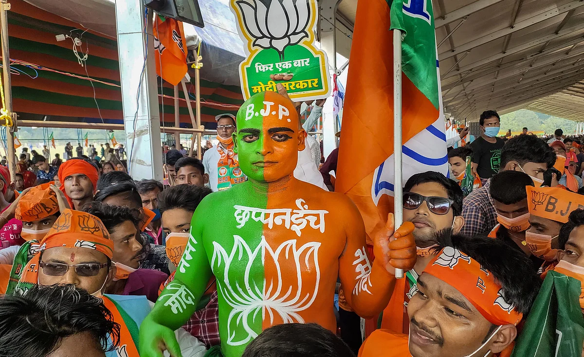 NDA supporters during Prime Minister Narendra Modi’s election rally for the second phase Bihar Assembly polls, at Motihari in East Champaran district.