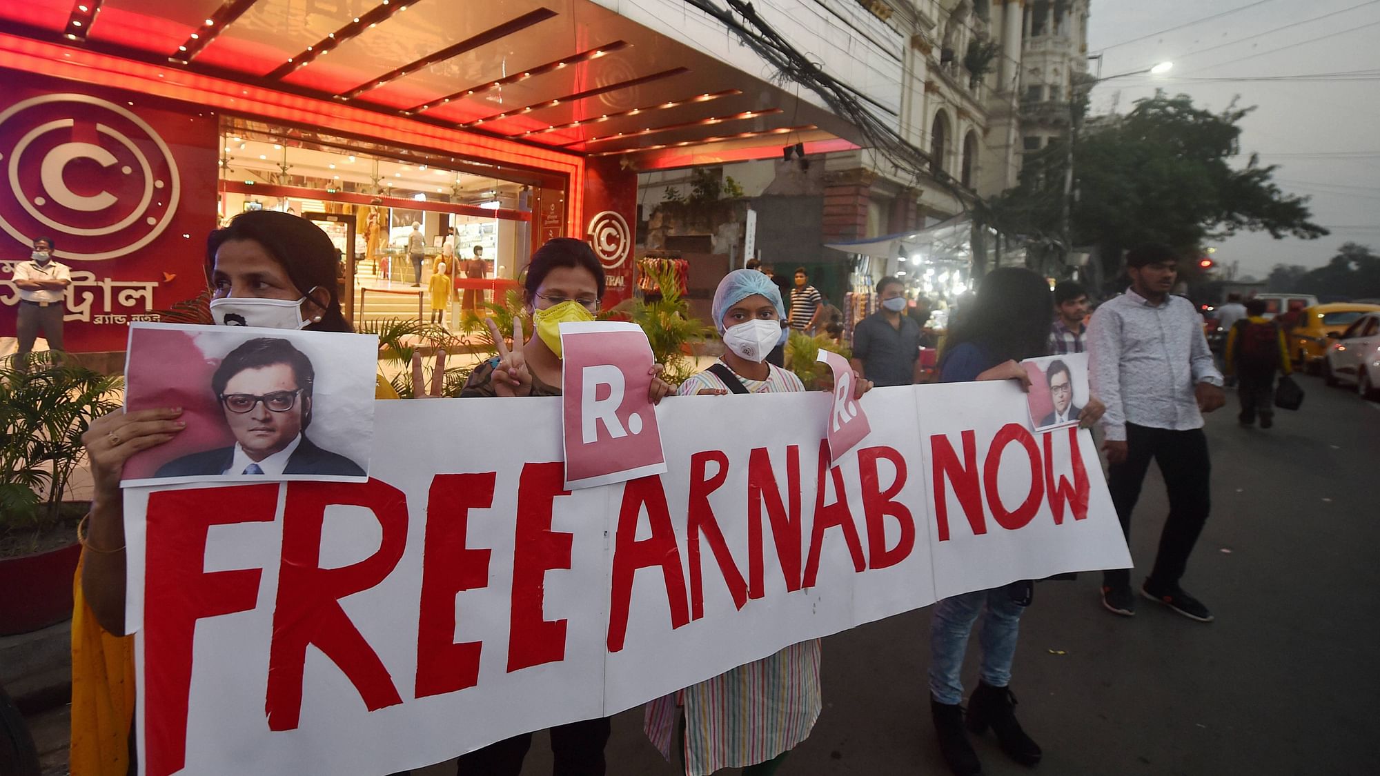 Activists stage a protest demanding immediate release of Republic TV Editor-in-Chief Arnab Goswami, who was arrested for allegedly abetting the suicide of a 53-year-old interior designer in 2018, in Kolkata, Wednesday, 4 November.