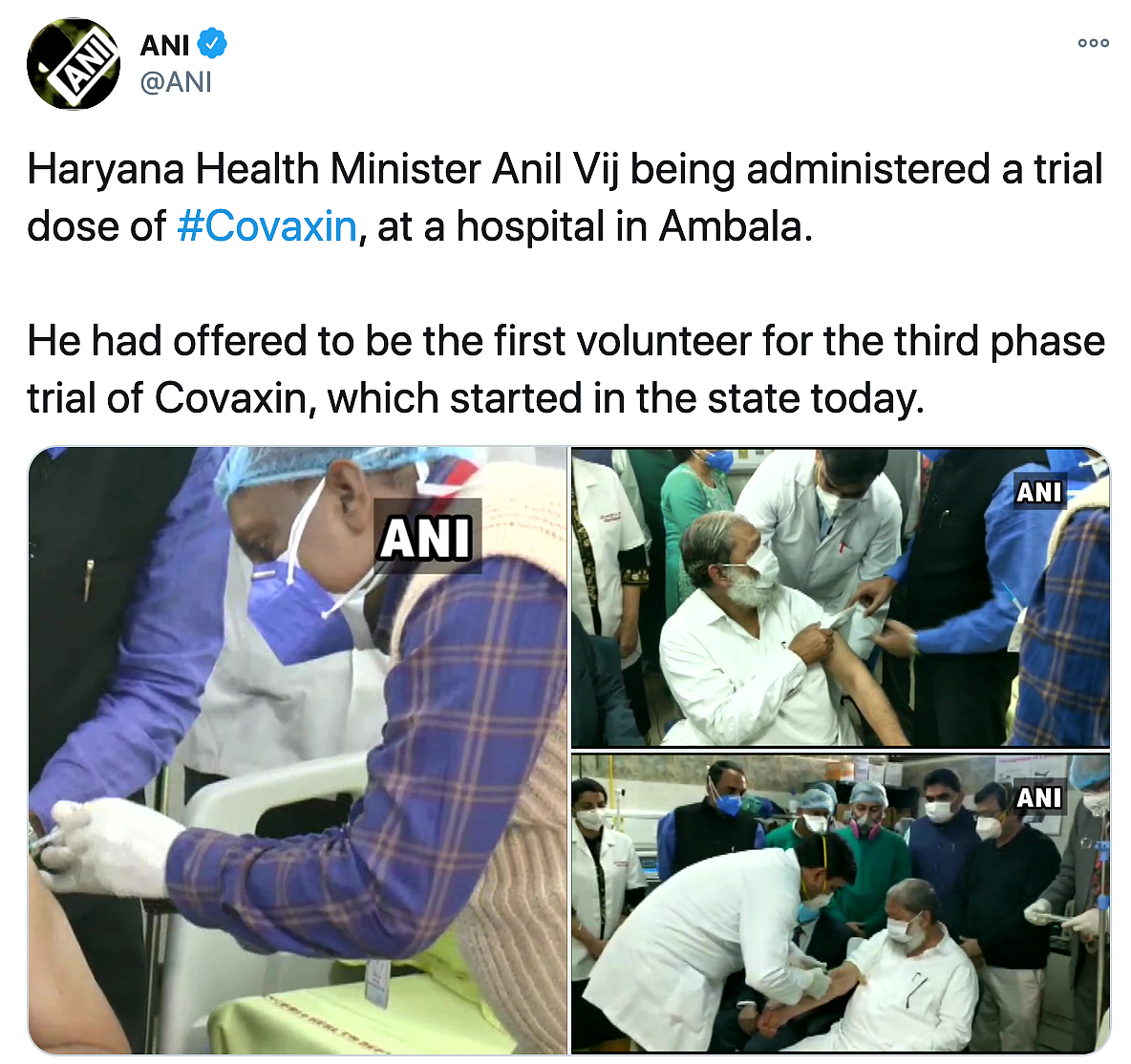 Haryana Health Minister Anil Vij being administered the Covaxin, the coronavirus vaccine in one of the largest medical trials in India in the effort to fight the pandemic. 