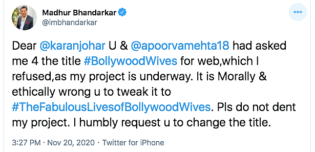 Bhandarkar Objects to 'Fabulous Lives of Bollywood Wives' Title