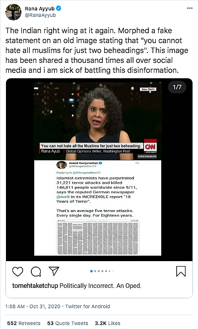 Rana Ayyub’s Image Altered to Show Fake Remark on France Violence