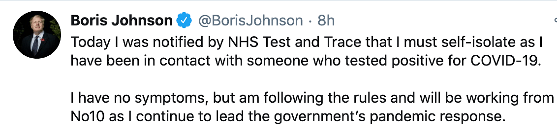 “The PM is well and does not have any symptoms of COVID-19,” said Johnson’s spokesman to BBC.