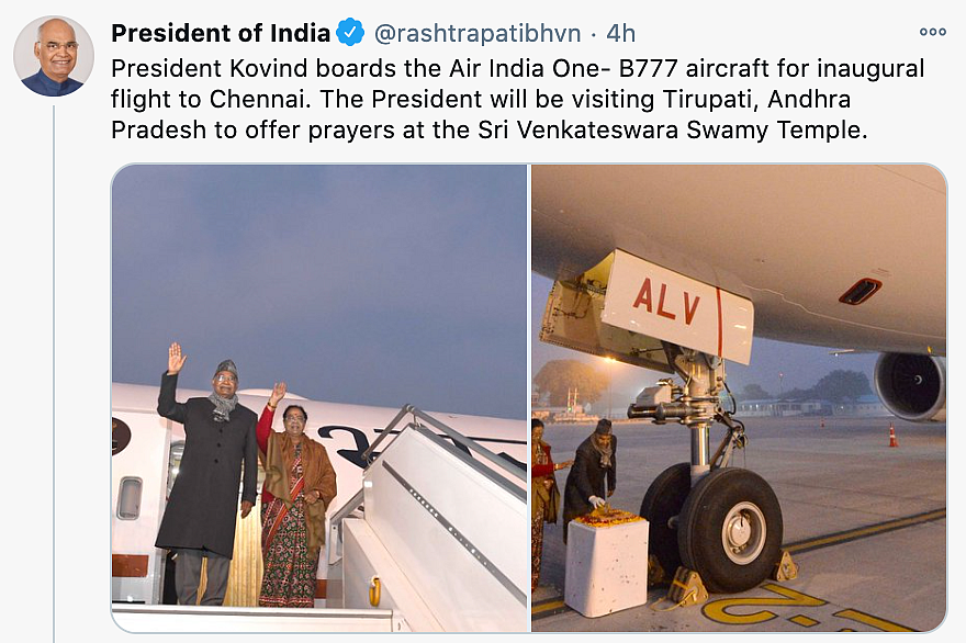 President Ram Nath Kovind boarded the Air India One-B777 aircraft on Tuesday for its inaugural flight to Chennai