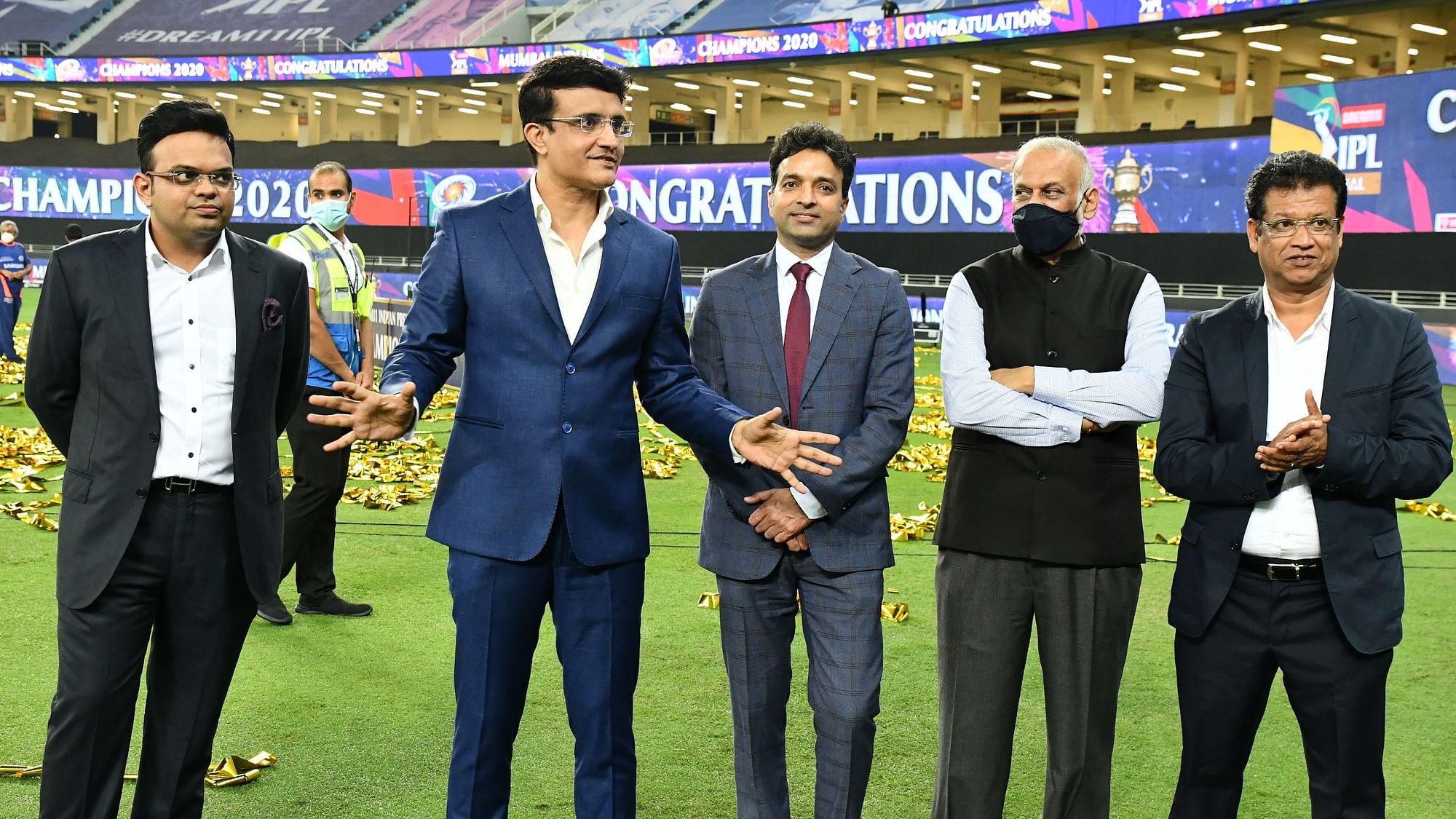 BCCI Secretary Jay Shah, BCCI President Sourav Ganguly, BCCI treasurer Arun Dhumal, IPL Chairman Brijesh Patel, Jt.Secretary Jayesh George during the final of season 13 of the IPL.&nbsp;
