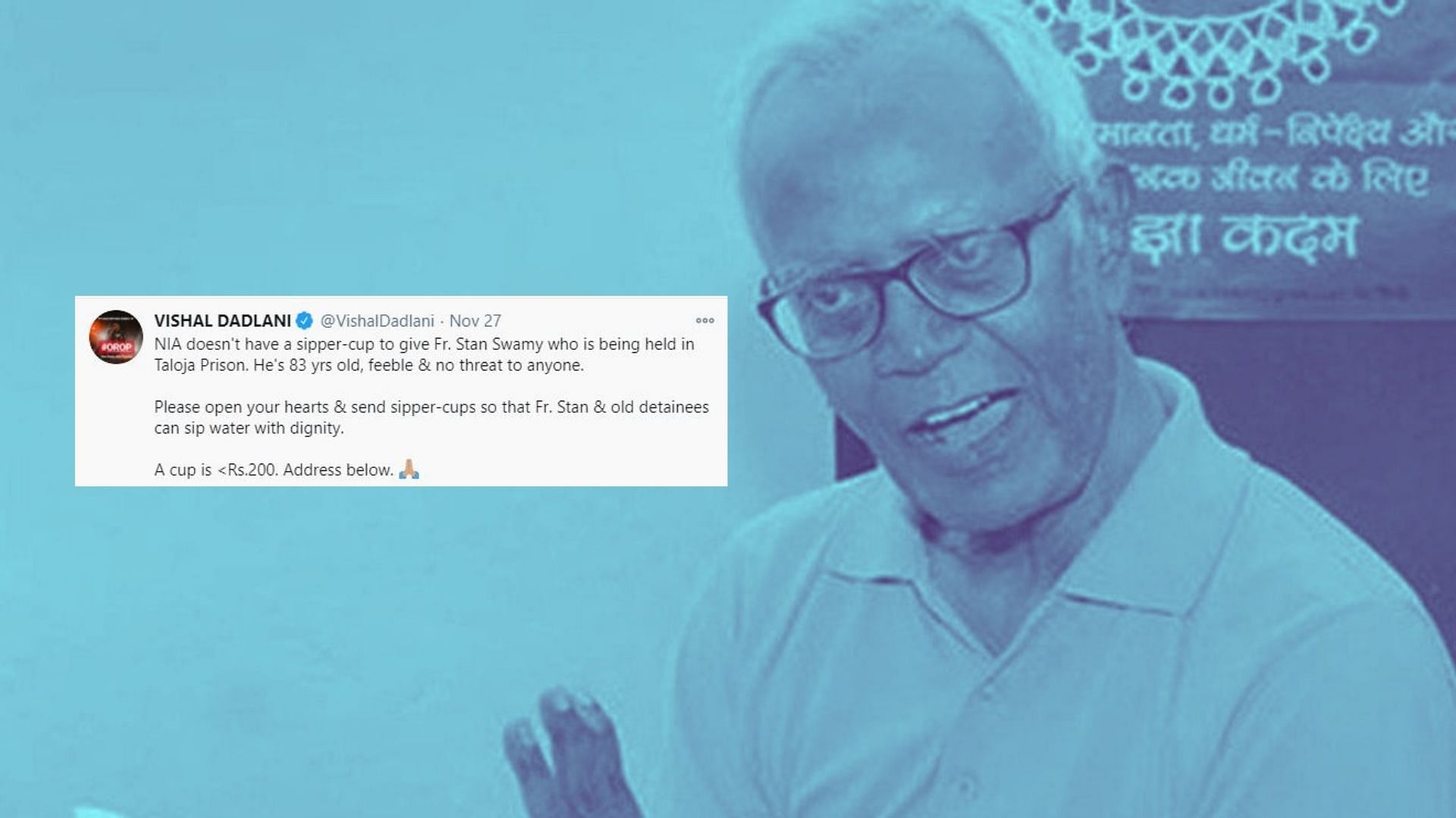 83-year-old Stan Swamy, a Parkinson’s patient, has been demanding for a sipper and a straw for over 20 days.