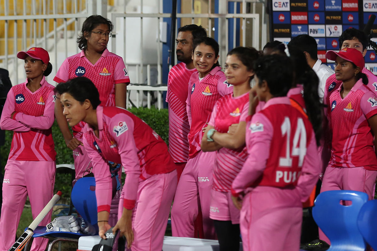 Pioneer players during match 3 of the 2020 Jio Women's T20 Challenge between Pioneers and Supernovae held at Sharjah's cricket stadium.