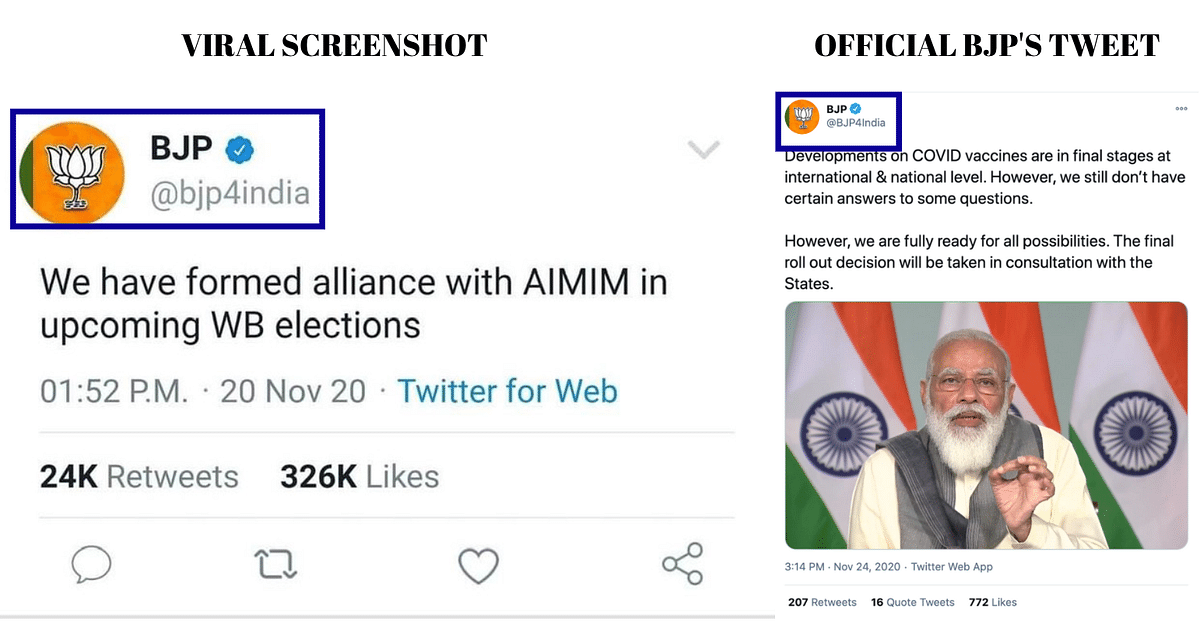 We found that the screenshot is fake and BJP has not announced any alliance with AIMIM for West Bengal elections.