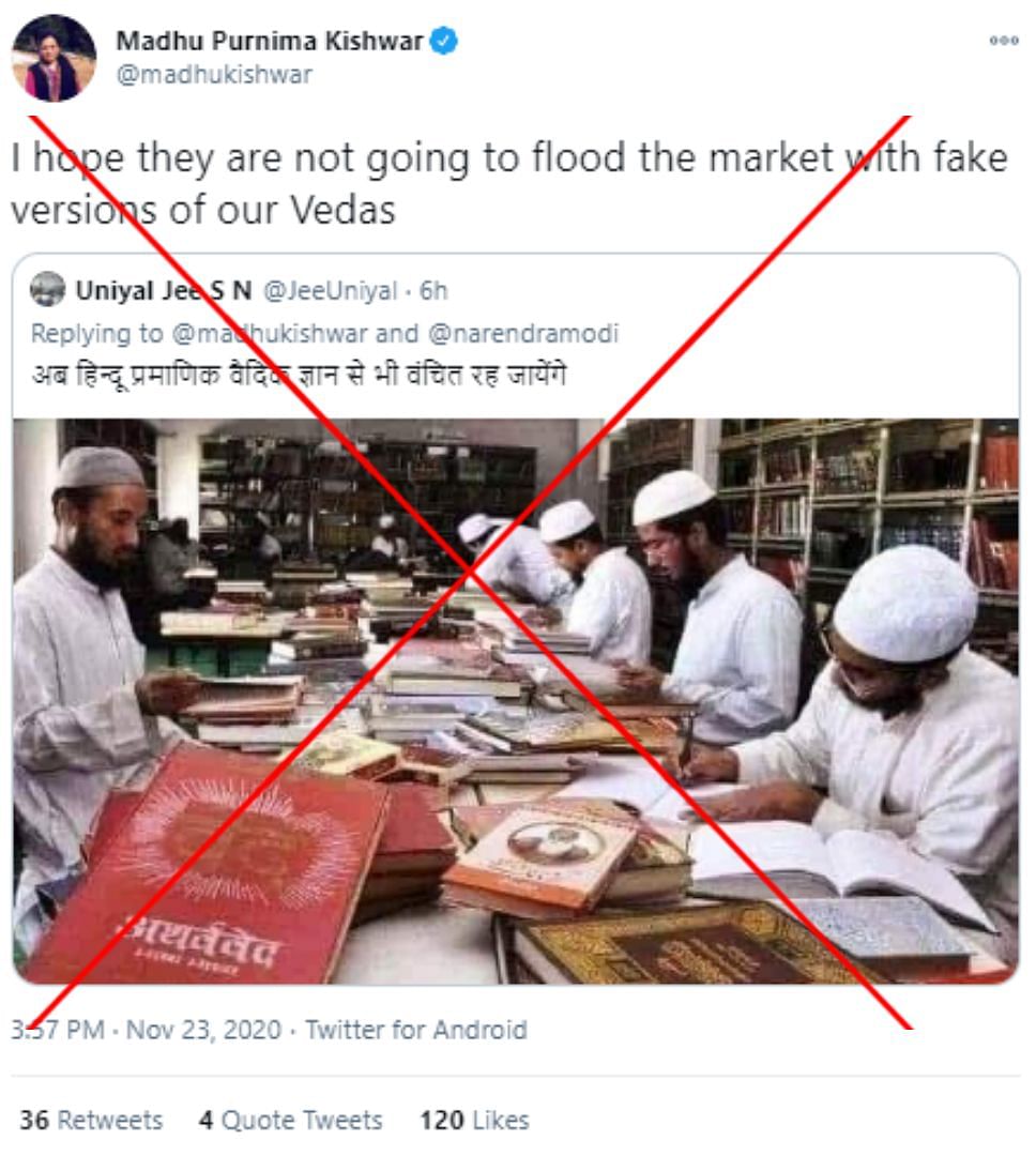 An old image of students  studying Hindu texts has been falsely shared as Muslims ‘misinterpreting’ the Vedas.