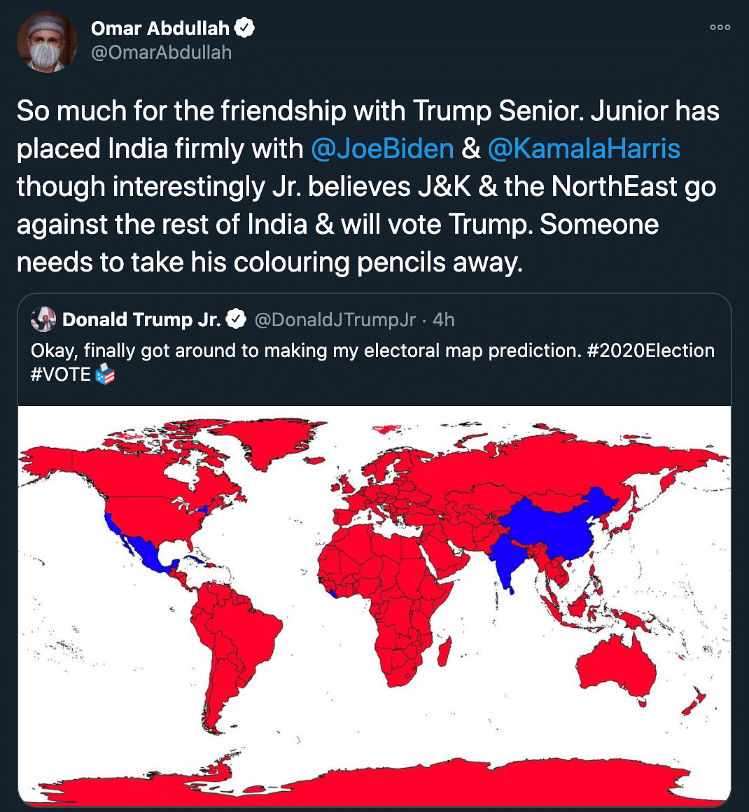 Trump Jr’s world electoral map was slammed by Indian political leaders, including Shashi Tharoor and Omar Abdullah.