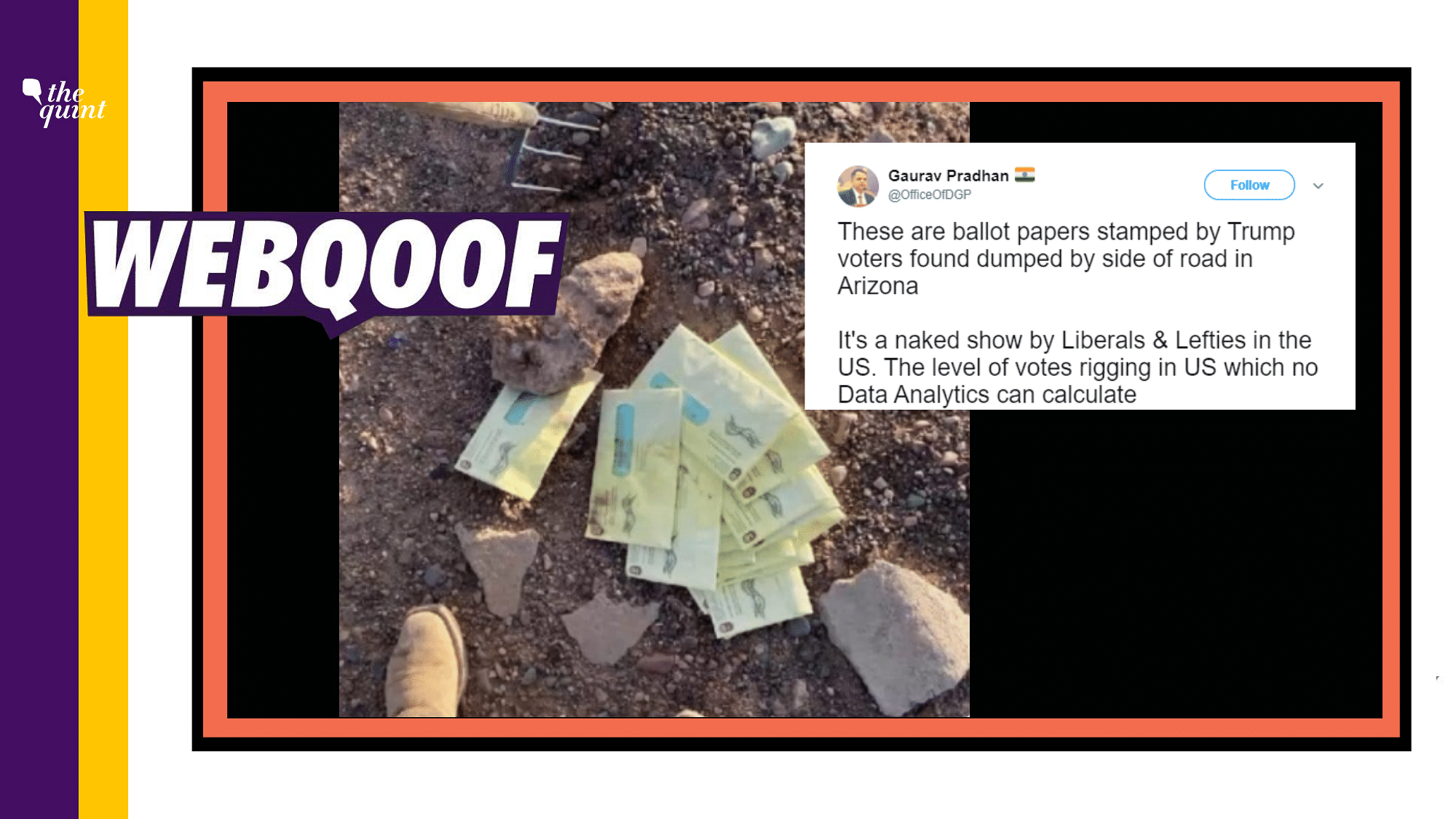 The photo of several mail-in ballots for the US presidential elections lying on the ground in Arizona has gone viral on social media. An archive of the post can be found <a href="https://archive.is/nBQ0z">here</a>.
