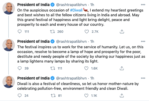 President Ram Nath Kovind also took to Twitter to wish the country on Diwali.