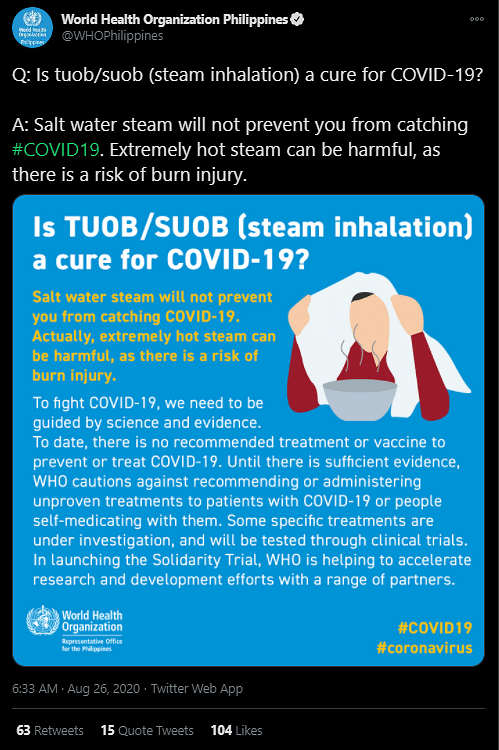 While steam inhalation can’t cure coronavirus, it also carries a risk of burn injury. 