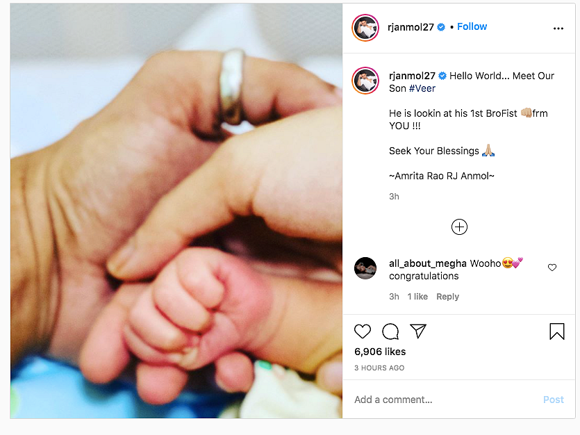Amrita Rao, RJ Anmol Share Name and First Photo of Their Son