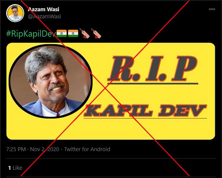 The rumour about his death came shortly after Kapil Dev underwent a successful emergency coronary angioplasty.