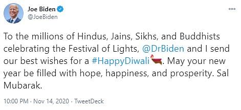 “May your new year be filled with hope, happiness, and prosperity,” Biden tweeted on Diwali. 